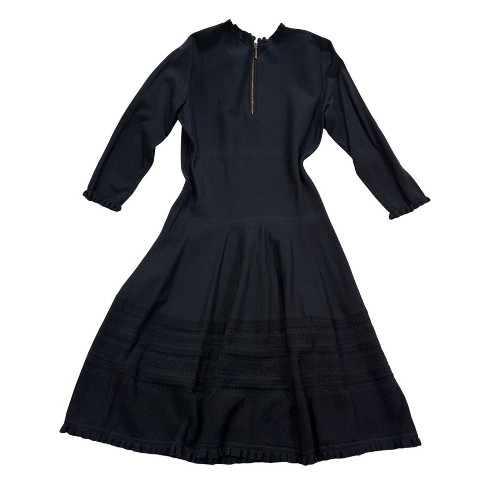 Kate Spade New York Black Knit Fit & Flare Dress Ruffle Neck Long Sleeve Size M - Picture 3 of 10